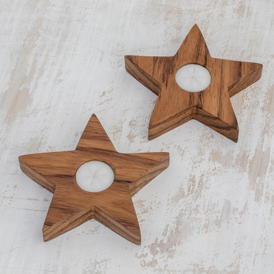 Portavelas de madera, (par) - Portavelas de madera en forma de estrella de Guatemala (par)