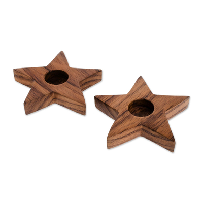 Teelichthalter aus Holz, (Paar) - Sternförmige Teelichthalter aus Holz aus Guatemala (Paar)