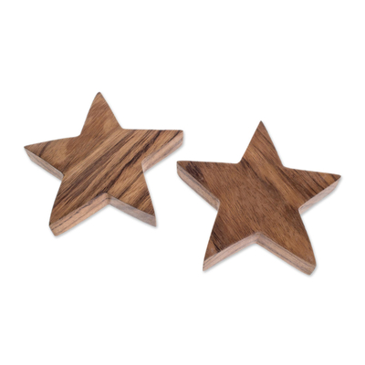 Wood tealight holders, 'Stellar Light' (pair) - Star-Shaped Wood Tealight Holders from Guatemala (Pair)