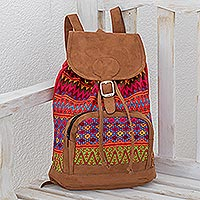 Cotton backpack, 'Flowers of Comalapa' - Zigzag Motif Handwoven Cotton Backpack from Guatemala