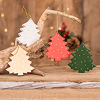 Wood ornaments, 'Christmas Tree Color' (set of 4) - Assorted Wood Christmas Tree Ornaments (Set of 4)