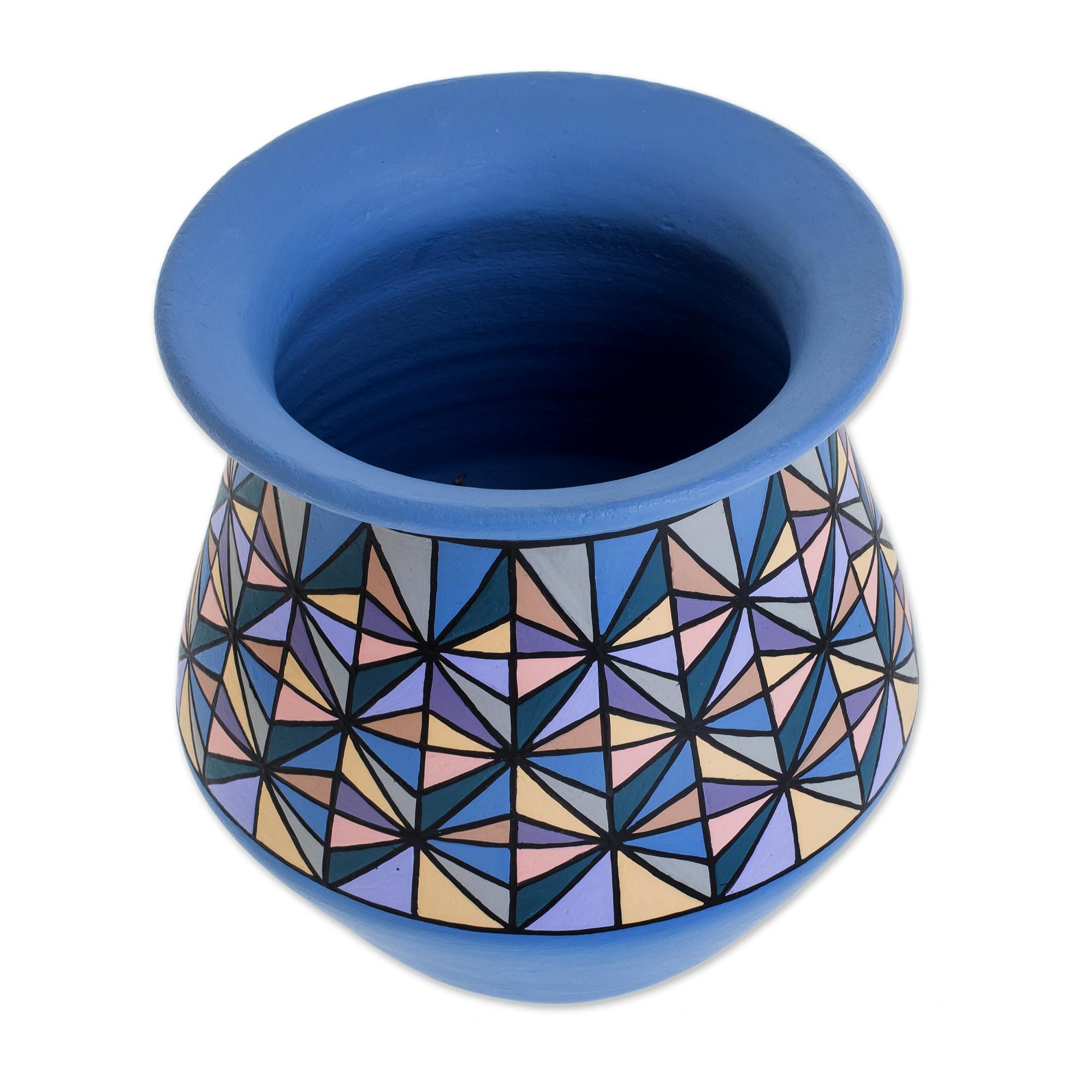 HandPainted Geometric Ceramic Decorative Vase in Blue Beautiful
