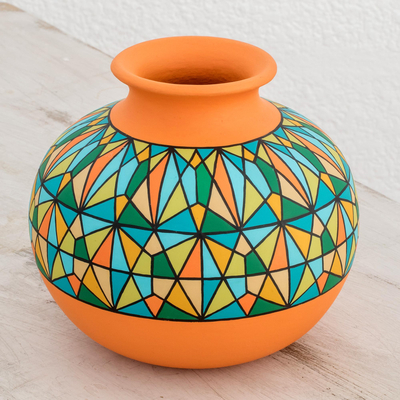 Ceramic decorative vase, 'Sunrise Geometry' - Hand-Painted Ceramic Decorative Vase in Orange