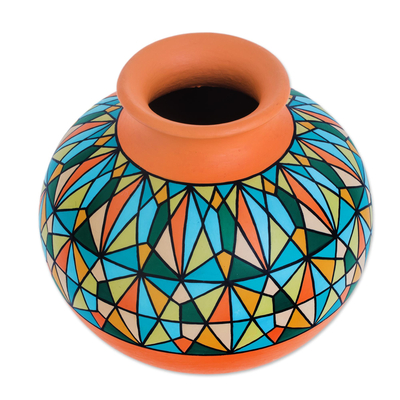Ceramic decorative vase, 'Sunrise Geometry' - Hand-Painted Ceramic Decorative Vase in Orange