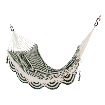Handwoven Cotton Rope Hammock in Forest Green and Eggshell