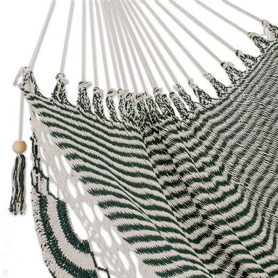 Cotton rope hammock, 'Nap in the Forest' (single) - Handwoven Cotton Rope Hammock in Forest Green and Eggshell