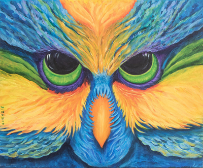 Colorful Expressionist Owl Painting from Costa Rica
