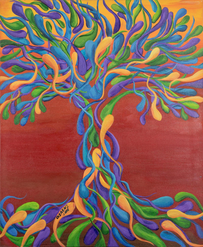 'Fire' - Signed Abstract Tree-Themed Painting from Costa Rica