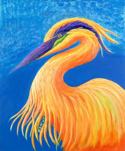 'Sunrise (Heron)' - Pintura de garza expresionista firmada de Costa Rica