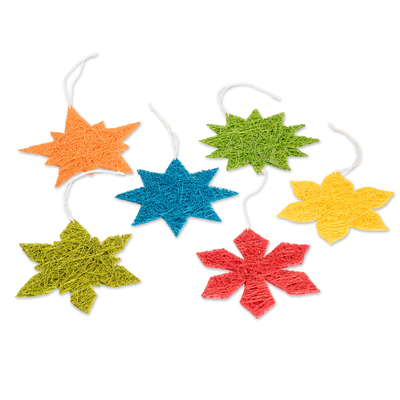 Natural fiber ornaments, 'Stellar Color' (set of 6) - Six Colorful Natural Fiber Star and Snowflake Ornaments