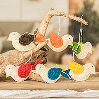 Natural fiber ornaments, 'Colorful Messengers of Peace' (set of 6) - Assorted Natural Fiber Dove Ornaments (Set of 6)