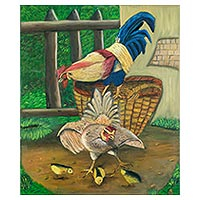 'On the Farm' - Signed Realist Painting of Farm Chickens from Costa Rica
