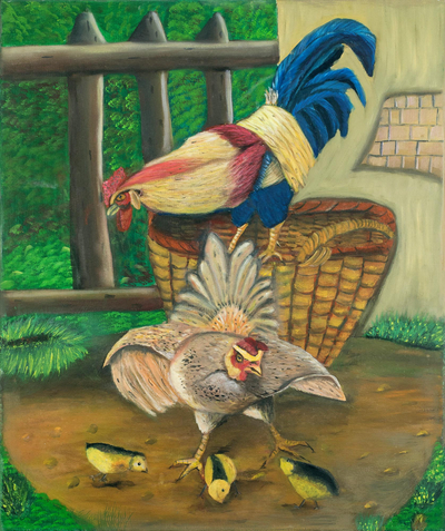 'On the Farm' - Signed Realist Painting of Farm Chickens from Costa Rica