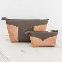 Leather cosmetic bags, 'Complementary in Espresso' (pair) - Leather Cosmetic Bags in Espresso and Honey (Pair)
