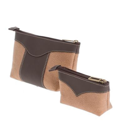 Leather cosmetic bags, 'Complementary in Espresso' (pair) - Leather Cosmetic Bags in Espresso and Honey (Pair)