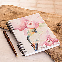 Diario de papel de caña de azúcar, 'Orchid Hummingbird' - Diario de papel de colibrí floral firmado de Costa Rica