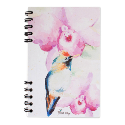 Sugarcane paper journal, 'Orchid Hummingbird' - Signed Floral Hummingbird Paper Journal from Costa Rica