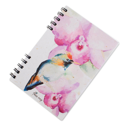 Banana leaf paper journal, 'Orchid Hummingbird' - Signed Floral Hummingbird Paper Journal from Costa Rica