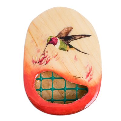 Wood wall planter, 'Fresh Nectar' - Red Edged Hummingbird Hand Painted Pinewood Wall Planter