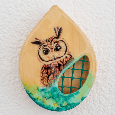 Wood wall-mounted planter, 'Owl Nature' - Hand-Painted Owl-Themed Wood Wall-Mounted Planter