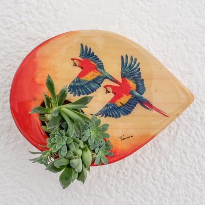 Hand Painted Parrot Themed Wood Wall Mounted Planter Flying