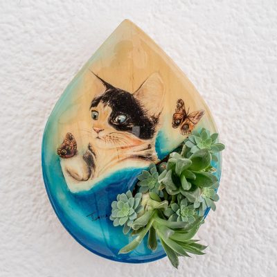Hand Painted Cat Themed Wood Wall Mounted Planter Playful