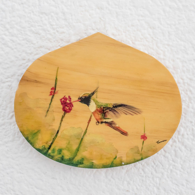 Wood plaque, 'Hungry Hummingbird' - Hand-Painted Hummingbird-Themed Wood Plaque Wall Art