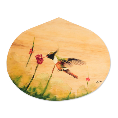 Wood plaque, 'Hungry Hummingbird' - Hand-Painted Hummingbird-Themed Wood Plaque Wall Art