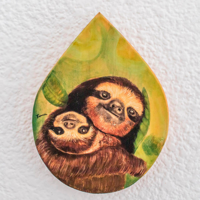 Wood plaque, 'Mother Sloth' - Hand-Painted Sloth-Themed Wood Plaque Wall Art