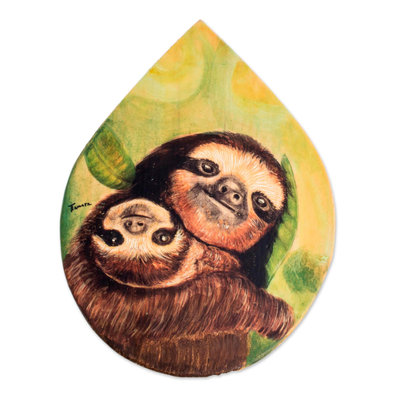 Wood plaque, 'Mother Sloth' - Hand-Painted Sloth-Themed Wood Plaque Wall Art