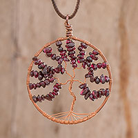 Garnet pendant necklace, 'Leo Tree of Life' - Garnet Gemstone Tree Leo Pendant Necklace from Costa Rica