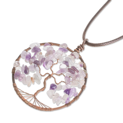Halskette mit Amethyst-Anhänger, „Jungfrau Baum des Lebens“ - Amethyst-Edelstein-Baum-Anhänger-Halskette aus Costa Rica