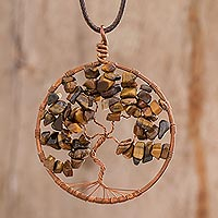 Tiger's eye pendant necklace, 'Gemini Tree of Life' - Tiger's Eye Gemstone Tree Pendant Necklace from Costa Rica