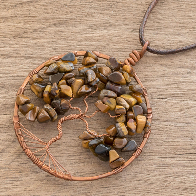Tiger's eye pendant necklace, 'Gemini Tree of Life' - Tiger's Eye Gemstone Tree Pendant Necklace from Costa Rica
