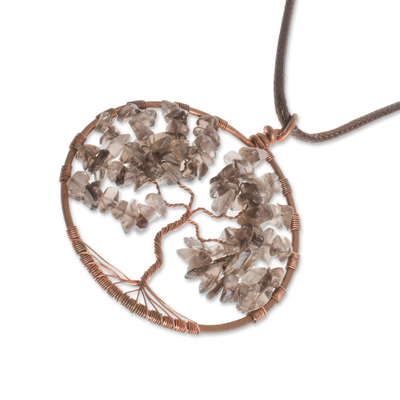 Smoky quartz pendant necklace, 'Smoky Quartz Tree of Life' - Smoky Quartz Gemstone Tree Pendant Necklace from Costa Rica