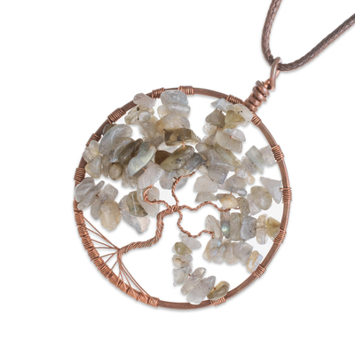 Labradorite pendant necklace, 'Pisces Tree of Life' - Natural Labradorite Gemstone Tree Pisces Pendant Necklace