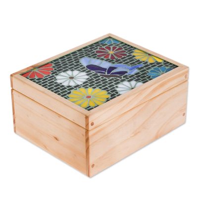 Glass mosaic tea box, 'Multicolored Garden' - Butterfly-Themed Glass Mosaic Tea Box from Costa Rica