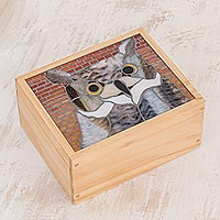 Glass mosaic tea box, 'Charming Owl' - Owl-Themed Glass Mosaic Tea Box from Costa Rica