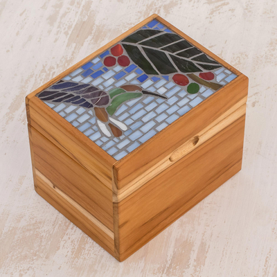 Glass mosaic teak wood decorative box, 'Sweet Fruit' - Nature-Themed Glass Mosaic Teak Wood Decorative Box