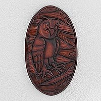 Wood relief panel, 'Owl Watcher' - Owl-Themed Pochote Wood Relief Panel from Costa Rica