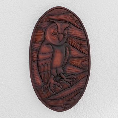 Wood relief panel, 'Owl Watcher' - Owl-Themed Pochote Wood Relief Panel from Costa Rica