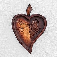 Wood relief panel, 'Natural Love' - Heart-Shaped Hummingbird Wood Relief Panel from Costa Rica
