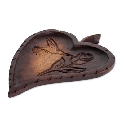 Wood relief panel, 'Natural Love' - Heart-Shaped Hummingbird Wood Relief Panel from Costa Rica