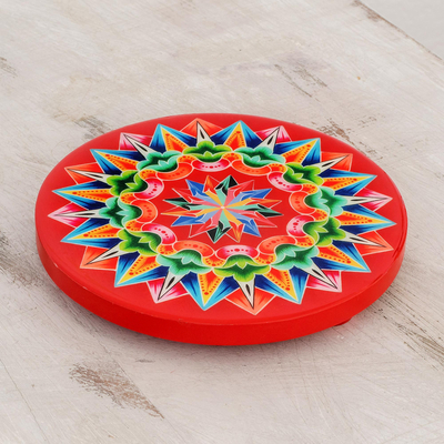 Decoupage wood trivet, 'Traditional Colors in Red' - Decoupage Wood Trivet in Red from Costa Rica