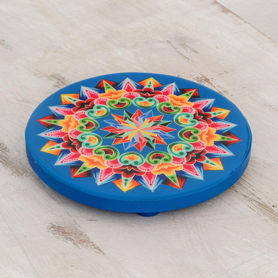 Decoupage wood trivet, 'Traditional Colors in Blue' - Decoupage Wood Trivet in Blue from Costa Rica