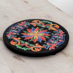 Decoupage  wood trivet, 'Wonderful Tradition' - Decoupage Wood Trivet in Black from Costa Rica