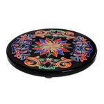 Decoupage  wood trivet, 'Wonderful Tradition' - Decoupage Wood Trivet in Black from Costa Rica