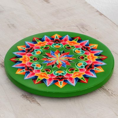 Decoupage wood trivet, 'Traditional Colors in Green' - Decoupage Wood Trivet in Green from Costa Rica