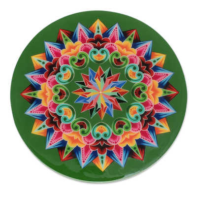 Decoupage wood trivet, 'Traditional Colors in Green' - Decoupage Wood Trivet in Green from Costa Rica