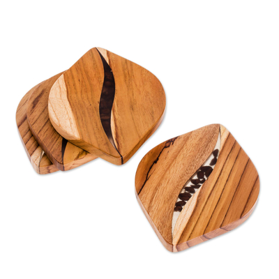 Teak wood coasters, 'Coffee Morning' (set of 4) - Coffee-Themed Teak Wood Coasters from Costa Rica (Set of 4)